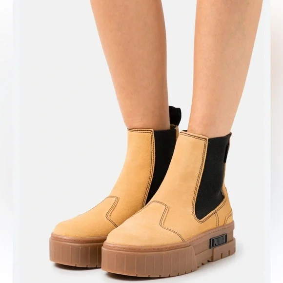 Puma Women’s Mayze Platform Chelsea Suede Tan Gum Sole Casual Boots Size 8.5 New - Picture 7 of 13
